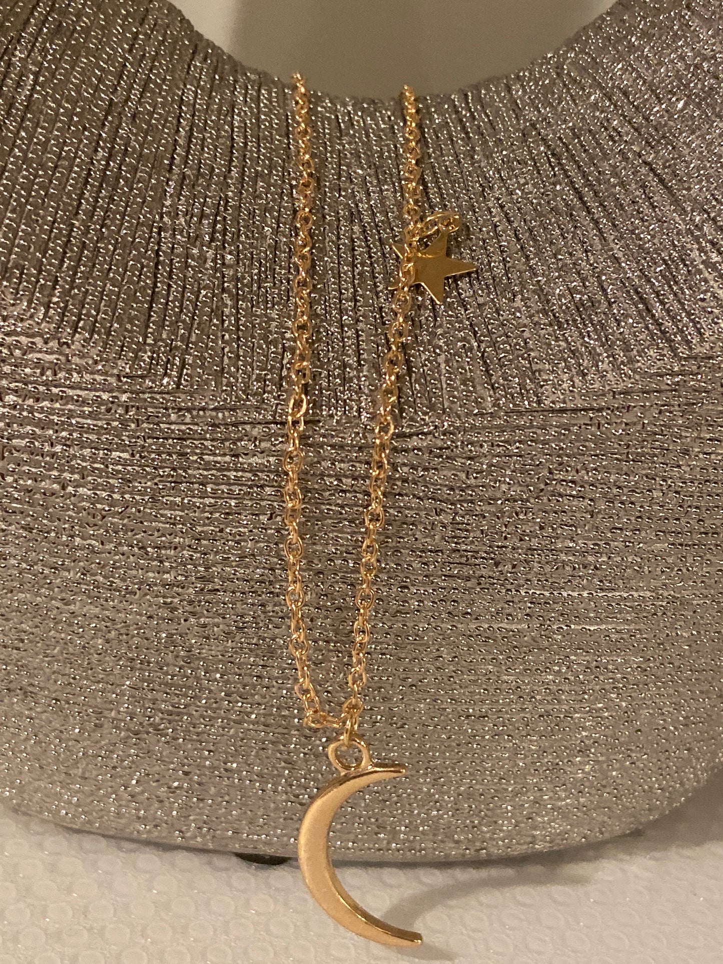 Delicate Gold tone Moon Star theme Chain Style Necklace.