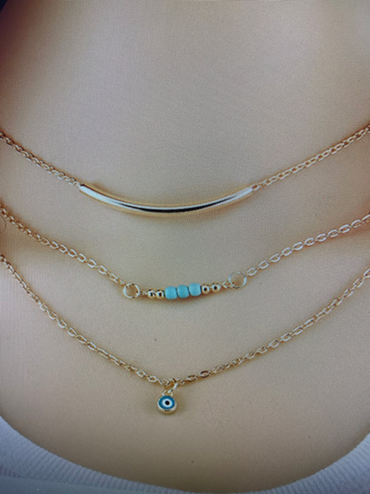 Stylish Delicate 3 layer Gold tone Chain Necklace with Turquoise Beads for Women Jewelry.