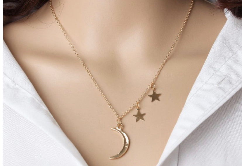 Delicate Gold tone Moon Star theme Chain Style Necklace.