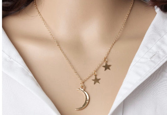 Delicate Gold tone Moon Star theme Chain Style Necklace.