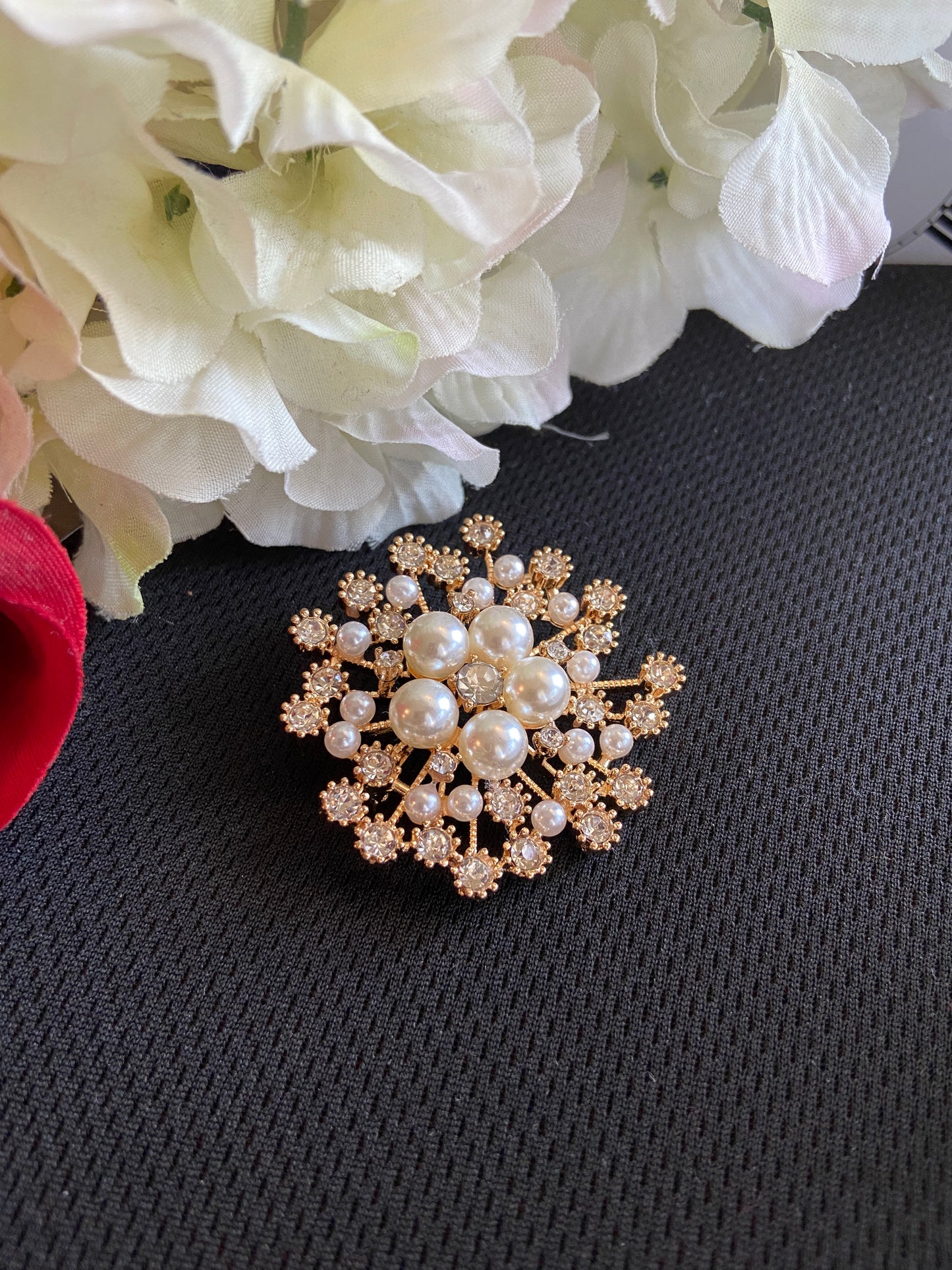 Gorgeous Snow flake style Golden and Silver Brooch pin with white Pearls for Coats, Sweaters, Shawls.