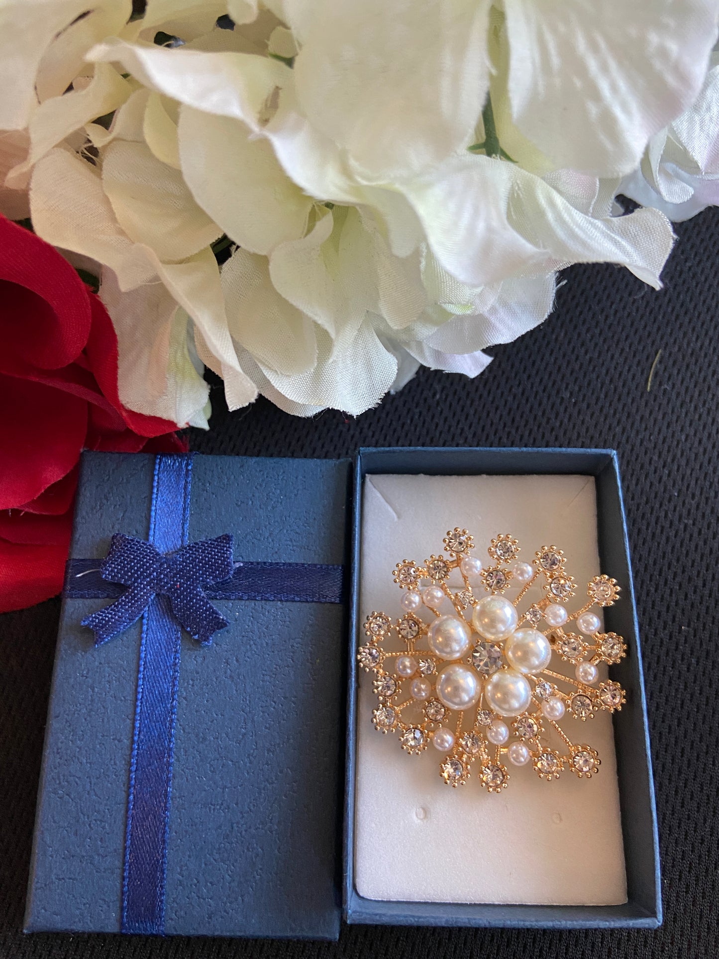 Gorgeous Snow flake style Golden and Silver Brooch pin with white Pearls for Coats, Sweaters, Shawls.