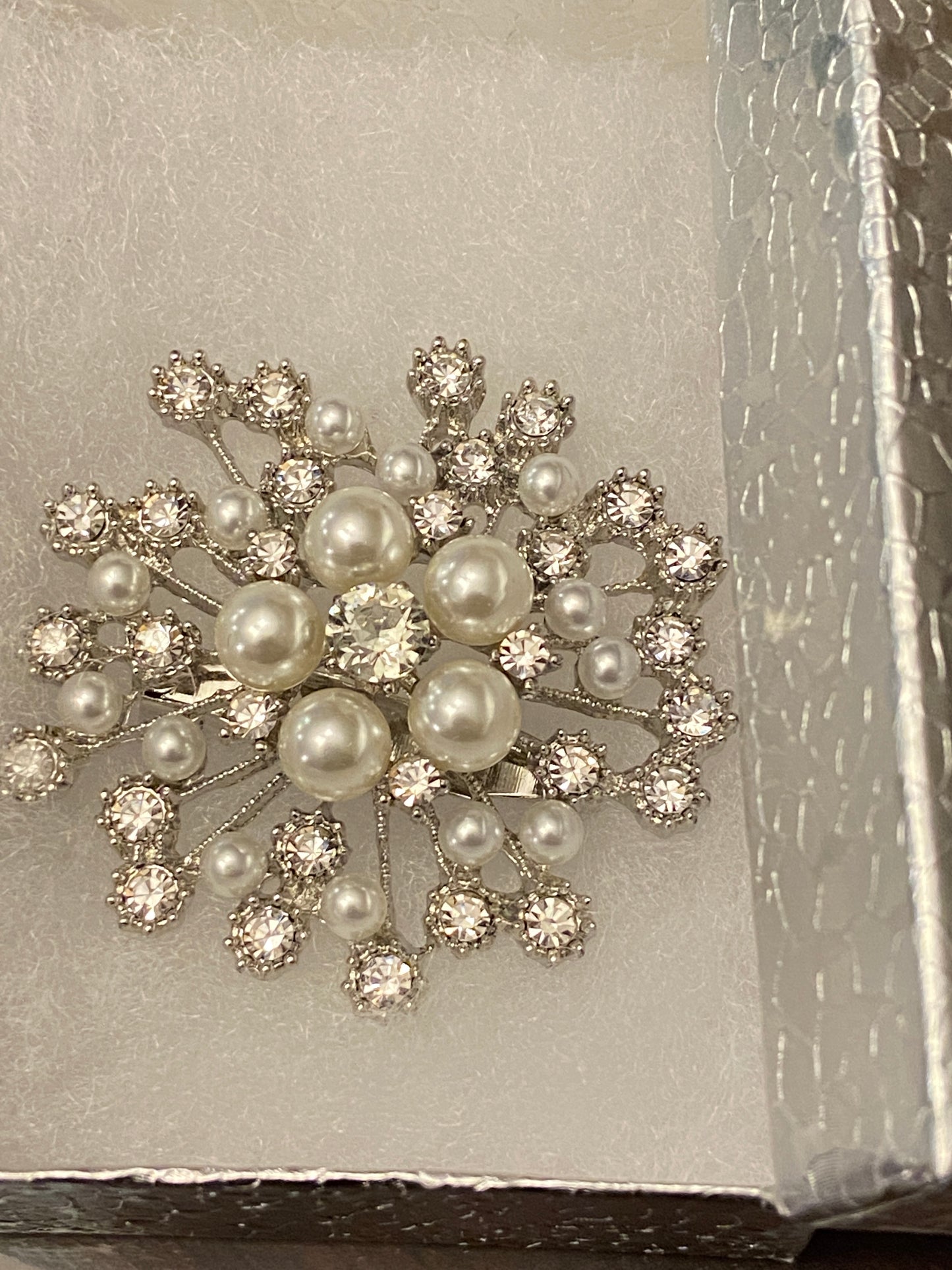 Gorgeous Snow flake style Golden and Silver Brooch pin with white Pearls for Coats, Sweaters, Shawls.