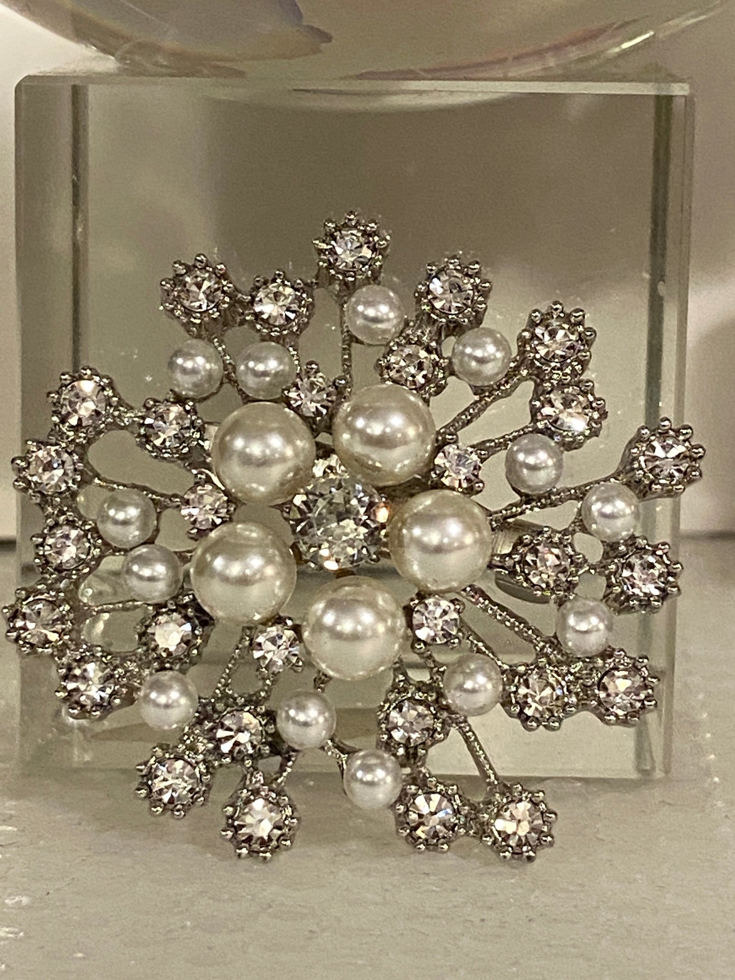 Gorgeous Snow flake style Golden and Silver Brooch pin with white Pearls for Coats, Sweaters, Shawls.