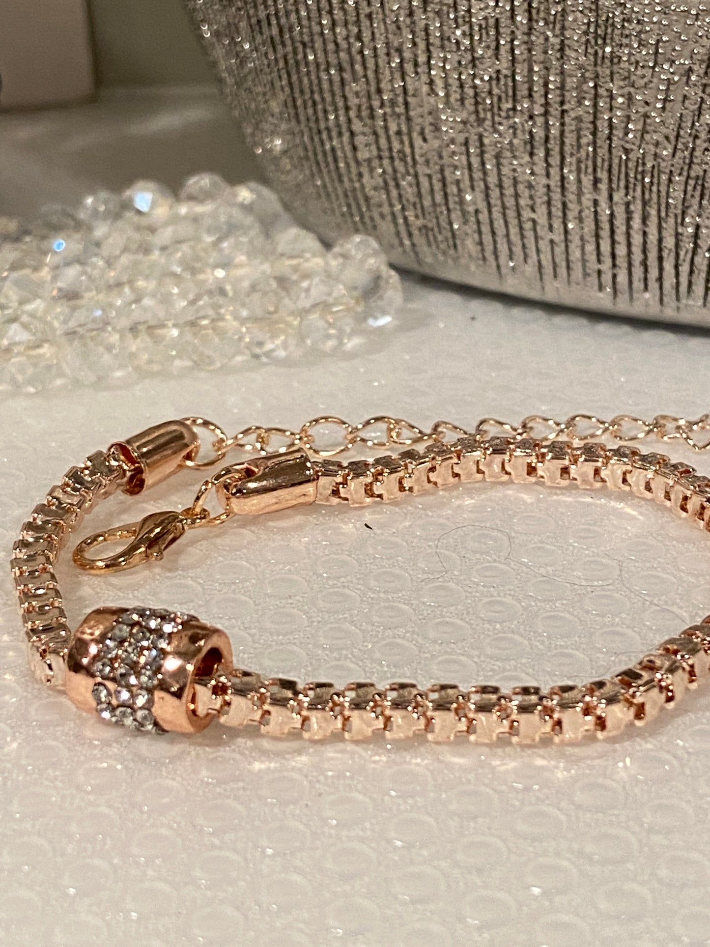 Gorgeous Adjustable Rose gold tone Bracelet Bangle with crystal Cylinder.