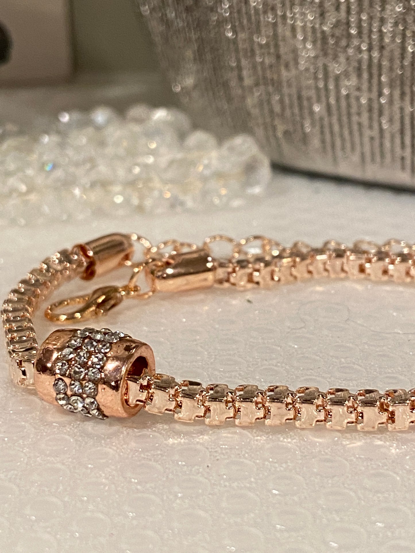 Gorgeous Adjustable Rose gold tone Bracelet Bangle with crystal Cylinder.